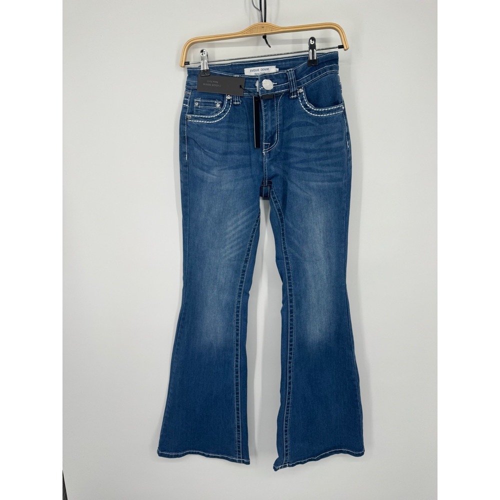 NWT Evolve Denim Bootcut Jeans Women 3 Blue Zip Fly Embellished Pockets‎ Hipster